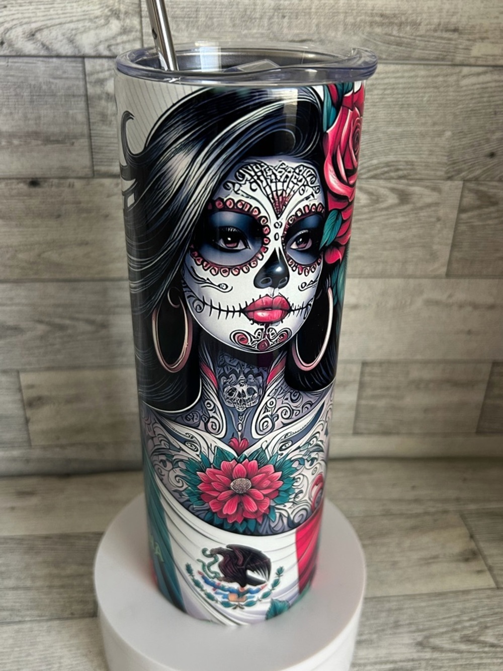 Sugar Skull Art Stainless 20oz Tumbler - Pink Teal Black